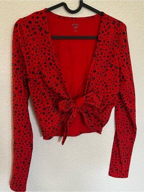 Red Leopard Print Tie-Front Crop Top
